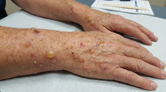 Porphyria Cutanea Tarda Realistic Clinical Dermatology Photograph with Fragile Blistering on Sun Exposed Hands