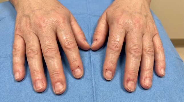 Realistic Clinical Close Up of Scleroderma with Skin Tightening, Tapered Fingers and Nail Fold Changes