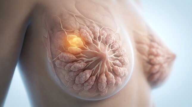 3D medical illustration of breast cancer tumor in female anatomy
