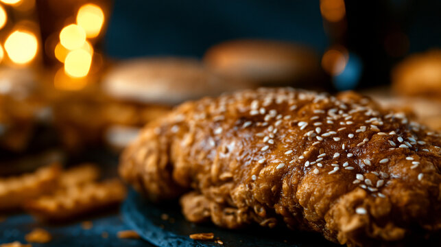 Freshly baked bread loaf topped with sesame seeds on a dark table surface, breakfast