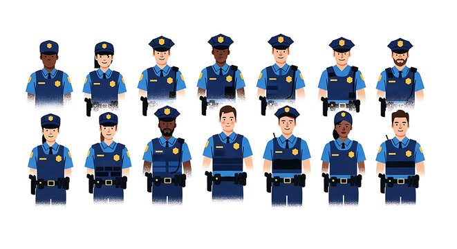 Professional police officer characters in a diverse team represent law enforcement in full blue uniform within this flat vector character set