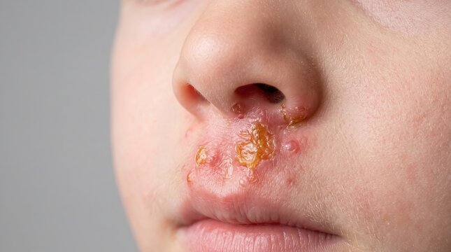 Extreme close up of severe impetigo crusting and blisters under child nose