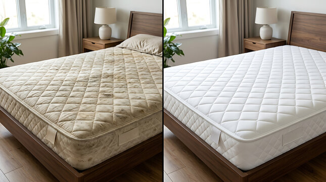 Comparison of an Old and a New Mattress Showing Textural and Cleanliness Differences in a Bedroom Setting