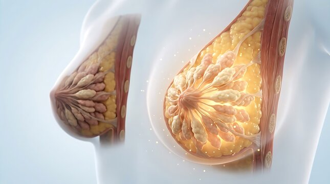 Breast Anatomy Cross Section with Glowing Tumor Medical Illustration