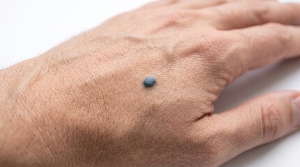 Fototapeta premium Macro shot of dark blue nevus cellular mole on dorsal hand skin