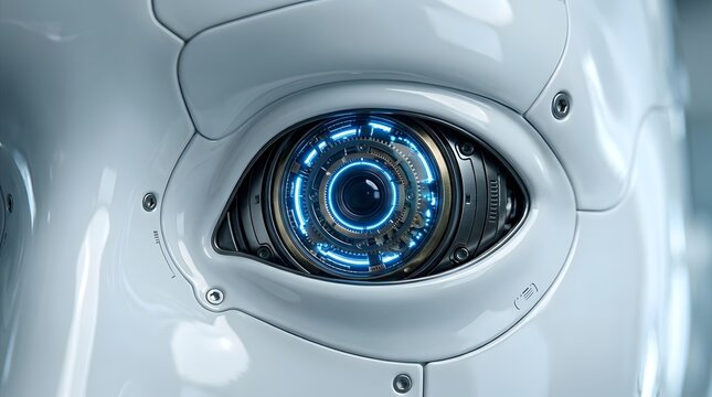 Close up of a futuristic robot eye with glowing blue mechanical iris and metallic skin texture