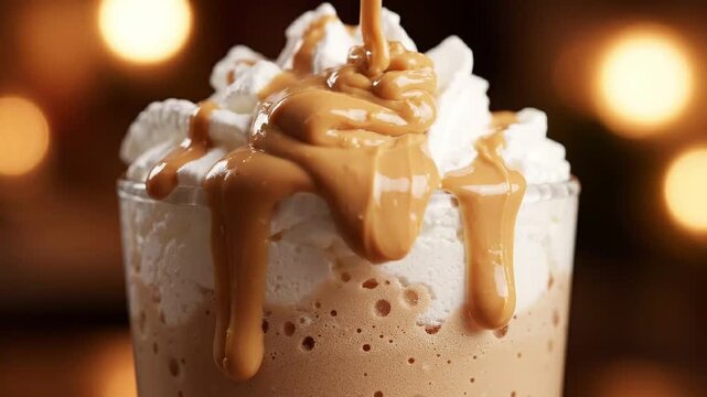 Creamy Peanut Butter Sauce Drizzling over Whipped Cream Milkshake