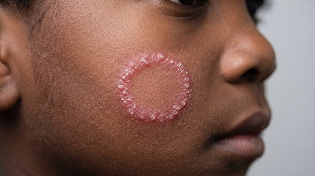 Side view of Black child face with red circular ringworm fungal infection rash on cheek