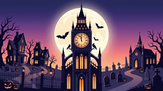 Scary halloween vector panorama: spooky clock tower, haunted houses, bats flying under full moon over graveyard, purple night.
