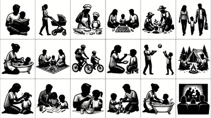 Fototapeta premium Black and White Family Lifestyle Vector Icons: Parenting Activities, Childcare, and Togetherness