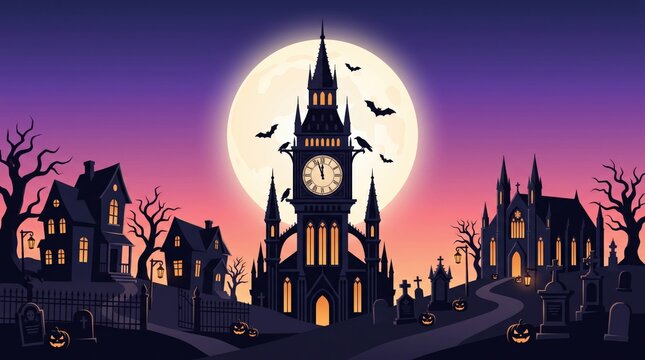 Panoramic scary halloween illustration: spooky clock tower, haunted houses, full moon, eerie purple-orange night.