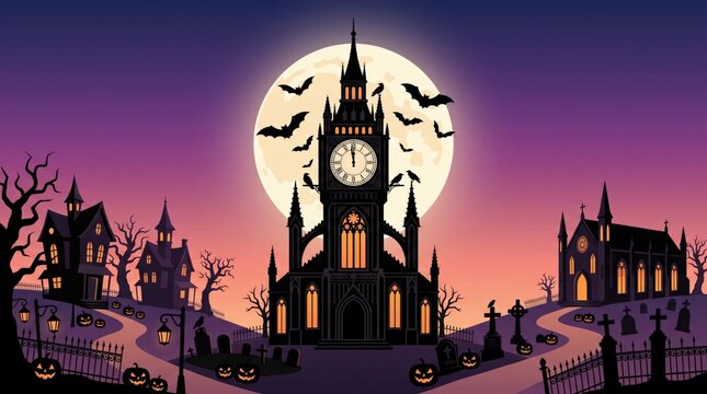 Scary halloween panorama with clock tower, haunted houses, and flying bats silhouetted by a full moon at night.