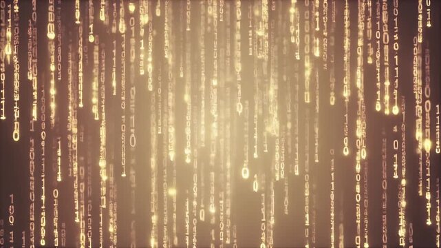 Abstract Glowing Digital Binary Matrix Rain in Soft Champagne Gold Tones