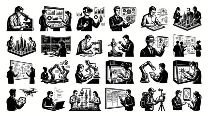 Fototapeta premium Black White Line Art Icons of Scientists Engineers in Tech Innovation
