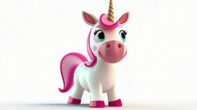 Adorable cartoon unicorn with a pink mane standing on a white background, cute fantasy character concept, playful kids design, magical creature.