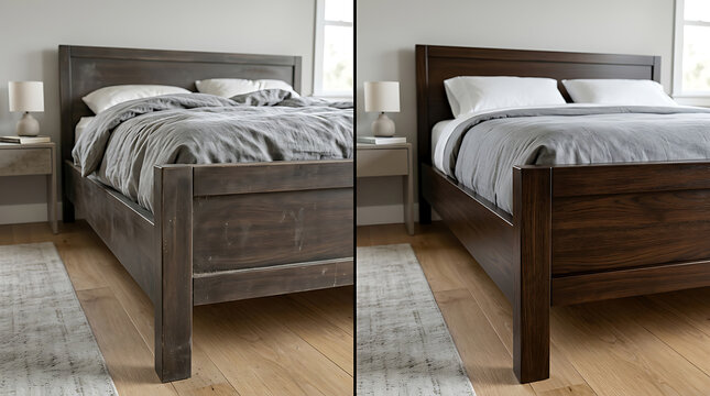 Comparison of two wooden bed frames in a modern bedroom setting highlighting different finishes and styles for bedroom decor