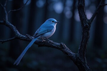 Obraz premium Small blue bird with long tail perches on dark forest branch at dusk. Soft twilight light illuminates feathers. Background shows blurred trees.