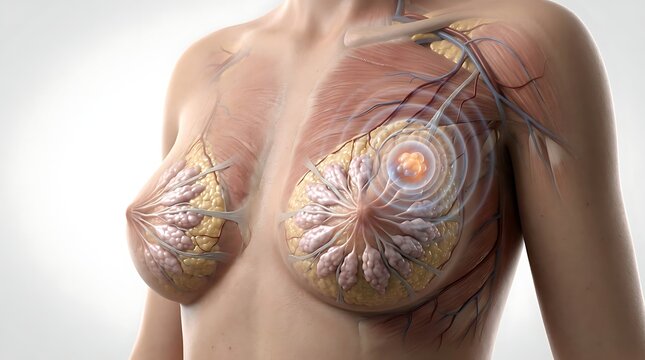 3D Anatomical Illustration of Female Breast Cancer and Tumor