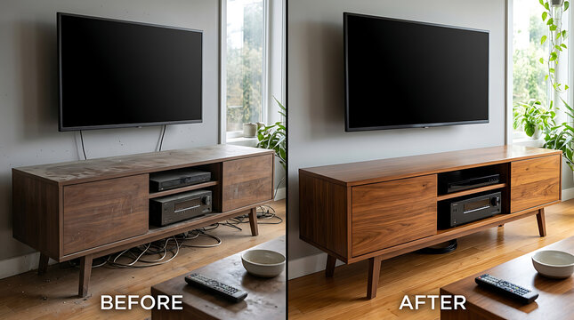 Modern walnut entertainment console transformation with sleek design and organized cable management for contemporary living rooms