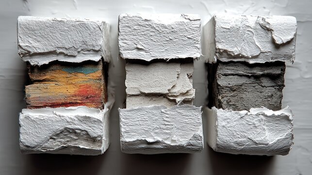 Textured, abstract composition features three rectangular blocks with varied colored layers