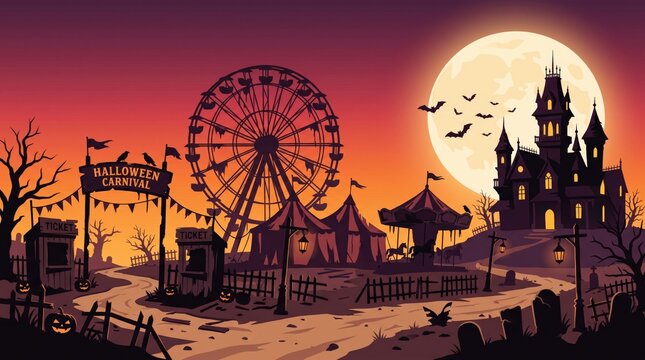 Panoramic halloween carnival illustration with a haunted house, ferris wheel, and bats under an eerie full moon.