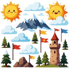 Fototapeta premium Cute cartoon sun, clouds, snow mountains, trees, flags and castle tower. Nature landscape elements for kids games or fantasy stories. Adventure scene building blocks.
