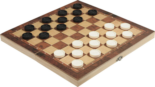 Checkers game board and pieces isolated on white background