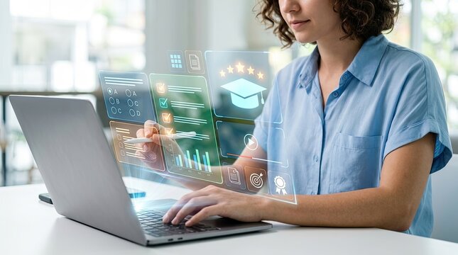 Woman using laptop with holographic learning interface for online education and e-learning courses