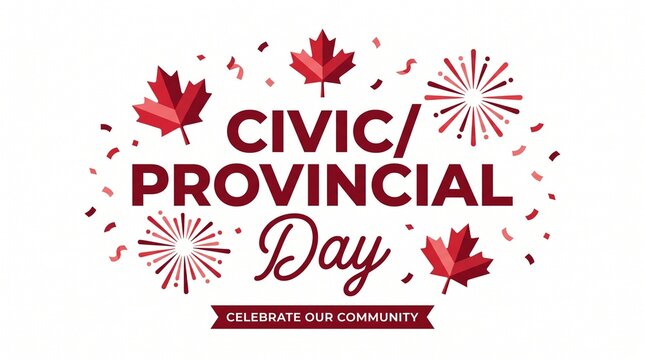 Civic Provincial Day celebration banner, Canadian holiday greeting with red maple leaves, community festival poster with fireworks