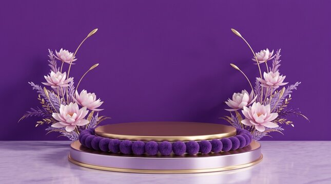 Elegant purple podium with gold accents and pink flowers, luxury product display stand, floral stage for cosmetic showcase