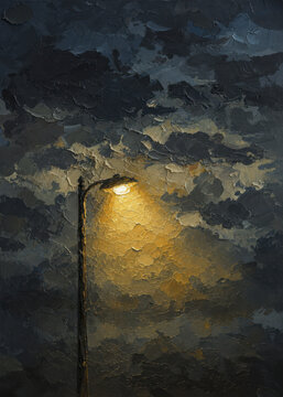 A dramatic textured oil painting of an old street lamp glowing warmly beneath a dark and turbulent night sky. The golden light creates a striking contrast against the deep blue and charcoal clouds, cr