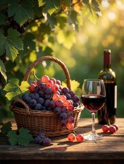 Fototapeta premium Basket of ripe grapes sits on wooden table near glass of red wine and bottle. Vineyard background with leaves and sun. Harvest season celebration.