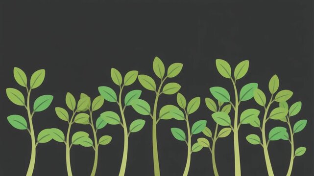 A digital illustration of young green seedlings growing in a row against a dark background.