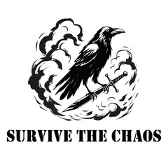 Obraz premium Black Raven Holding Sword Blade Typography T-Shirt Design Vector Illustration for Streetwear Apparel