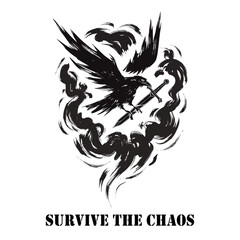 Obraz premium Black Raven Holding Sword Blade Typography T-Shirt Design Vector Illustration for Streetwear Apparel