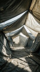 Obraz premium Worn tarps, plastic sheeting create makeshift shelter in abandoned refugee camp. Sunlight filters through torn fabric over empty pathway. Desolate scene shows humanitarian crisis, displacement in