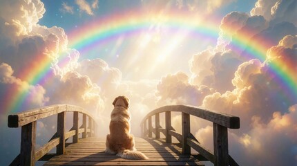 Obraz premium Golden retriever sits on wooden bridge looking at vibrant rainbow against cloudy sky. Sunlight beams through clouds creating ethereal scene. Peaceful canine awaits journey beyond.