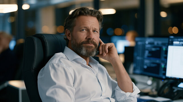Bank fraud analyst in aftermath moment leaning back from workstation after resolving detected anomaly, industrial open-plan financial operations floor, monitors still displaying