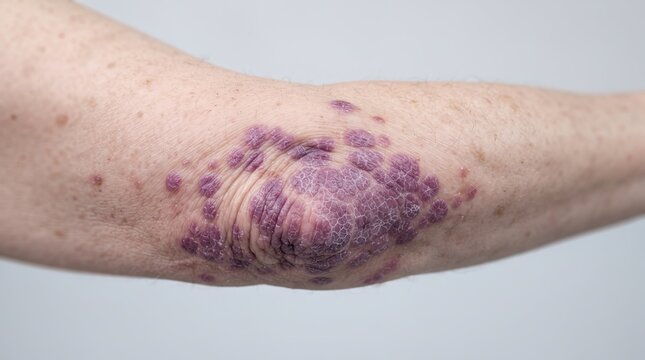 Close up of thick purple red scaly skin lesion on elbow symptoms of psoriasis or lichen planus