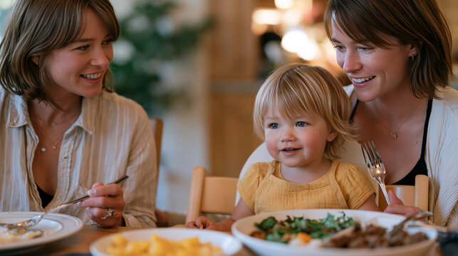 Grandmother offering unsolicited feeding advice to a young mother at a family Sunday dinner, the mother gripping her fork tightly while maintaining a polite smile, the toddler in