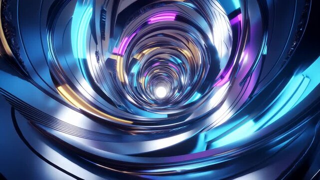 Futuristic metallic spiral tunnel background with glowing neon lights