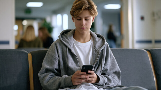 Adolescent patient independently navigating a digital therapeutics prescription app for insomnia management in a hospital adolescent medicine waiting room, the cognitive sleep