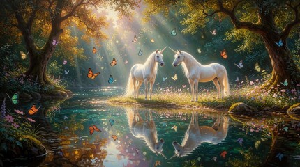 Obraz premium Two white unicorns stand near calm river in magical forest. Colorful butterflies fly around mythical creatures. Sunlight shines through trees onto water surface. Dreamlike fantasy landscape with rich