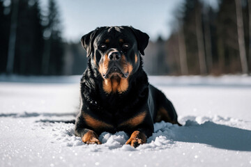 Obraz premium Strong Rottweiler dog rests peacefully in snowy winter forest landscape. Black and brown canine lies alert on white snow against blurred trees. Majestic animal looks at camera.
