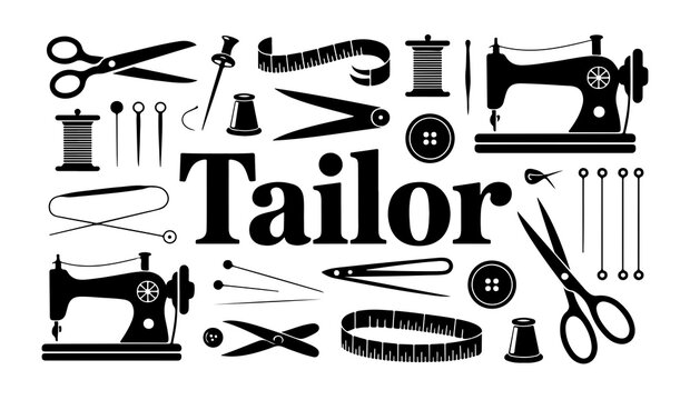 Tailor shop logo elements collection with solid black silhouettes of sewing machines tools and scissors.