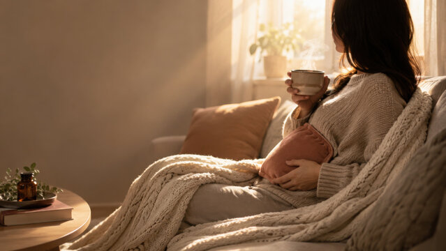 Woman enjoys somatic healing with warm sunlight holding cup and cozy blanket on sofa creating peaceful and calming atmosphere