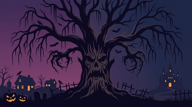 Digital illustration of a scary halloween panorama featuring a menacing tree with a face, haunted houses, gravestones, and glowing pumpkins.