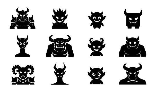 Spooky Halloween Devil Monster Silhouette Icon Set with Horned Demons Imp Avatars and Scary Creatures for Graphic Vector Designs