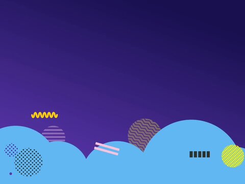 Cute cartoon sky background animation with colorful Memphis style geometric shapes and blue clouds
