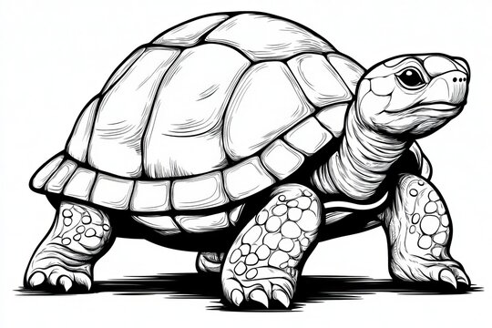 Detailed Line Art Illustration of a Walking Tortoise with a Textured Shell on a Plain White Ground